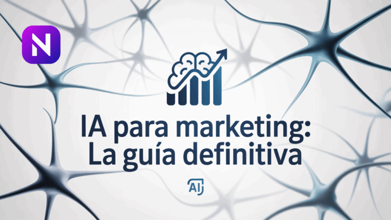 "Portada del artículo 'IA para marketing: la guía definitiva' con ilustración de redes y conexiones tecnológicas"
